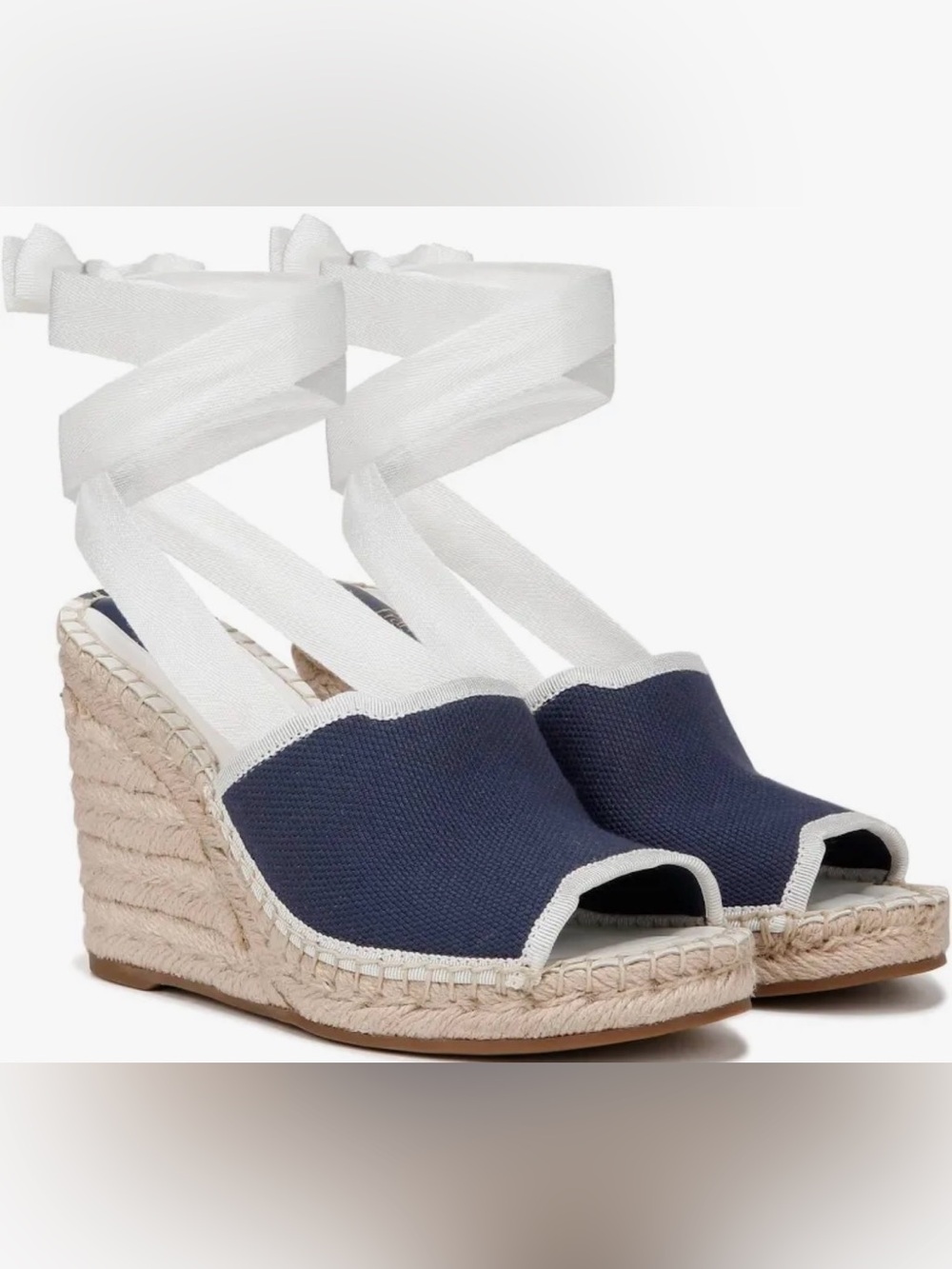 Franco Sarto Navy Canvas Sierra Espadrille Wedge with Cream Ankle Ties NIB 9.5M